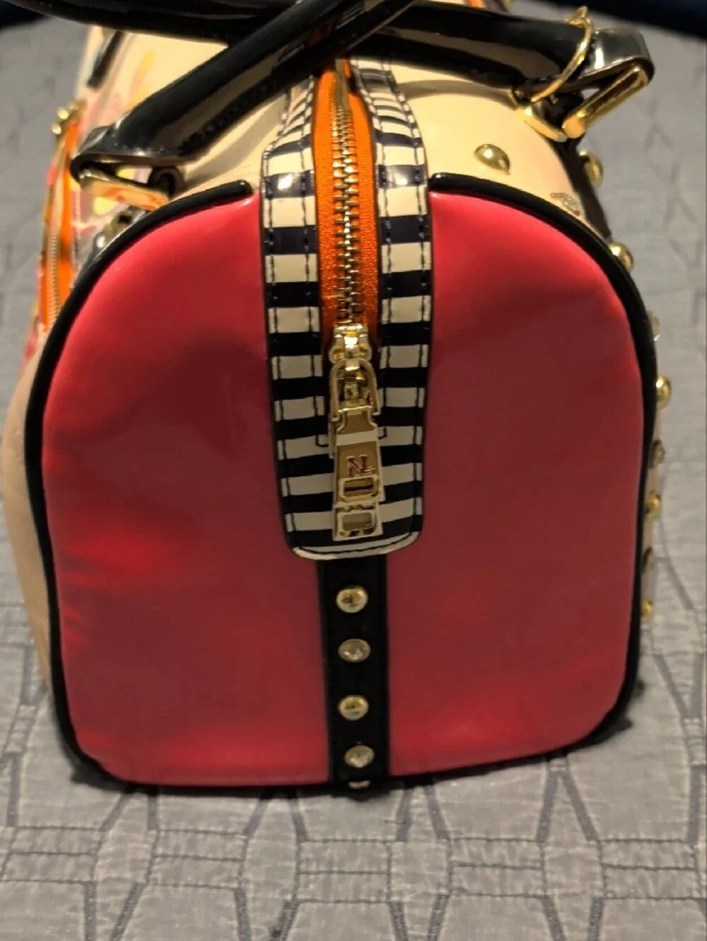 Nicole Lee Beige Embroidered Beach Satchel with Black Handles